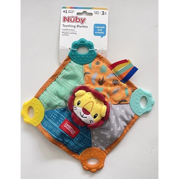 Nuby Lion Plush Teether Teething Blankie Squeaker Colorful 3+ Months BPA Free - Picture 2 of 5